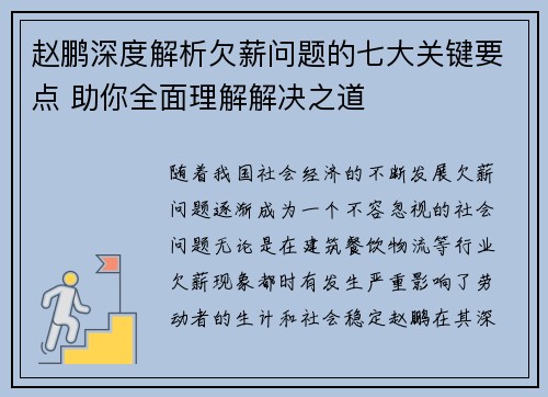 赵鹏深度解析欠薪问题的七大关键要点 助你全面理解解决之道