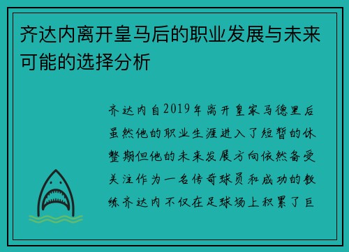 齐达内离开皇马后的职业发展与未来可能的选择分析 齐达内离开皇马后的职业发展与未来可能的选择分析