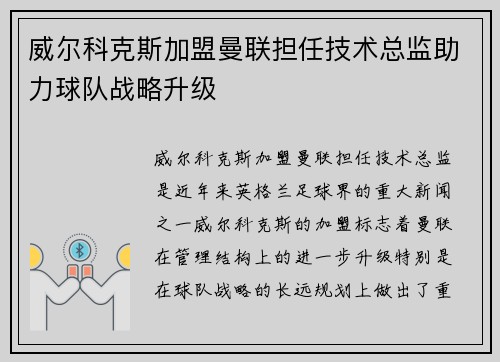威尔科克斯加盟曼联担任技术总监助力球队战略升级 威尔科克斯加盟曼联担任技术总监助力球队战略升级